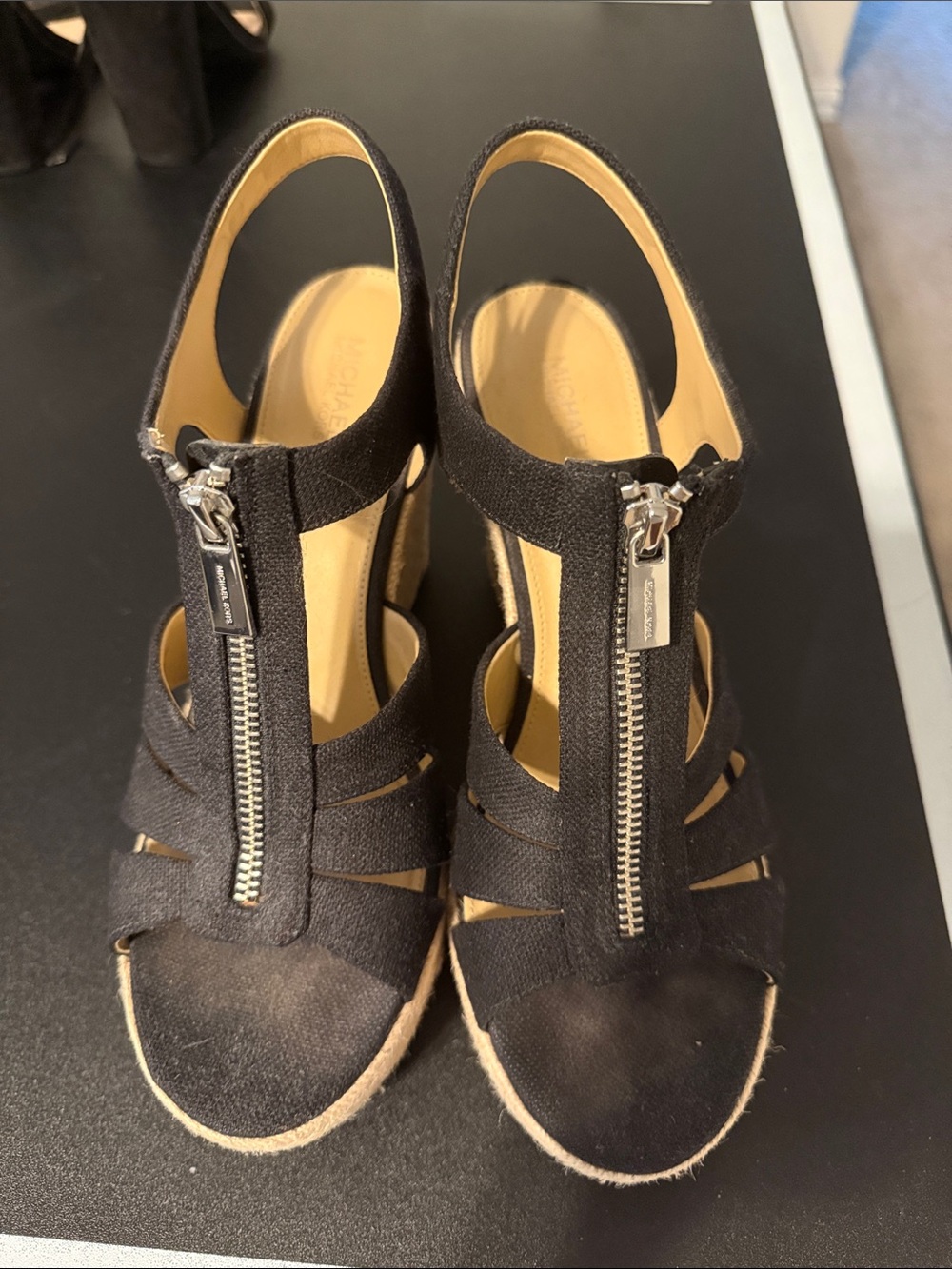 Michael Kors Black Front-Zip Espadrille Wedge Sandals